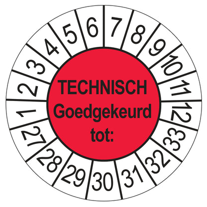 Keuringssticker Technisch Goedgekeurd tot rood, Ø 35 mm