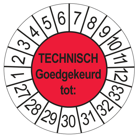 Keuringssticker Technisch Goedgekeurd tot rood, Ø 35 mm