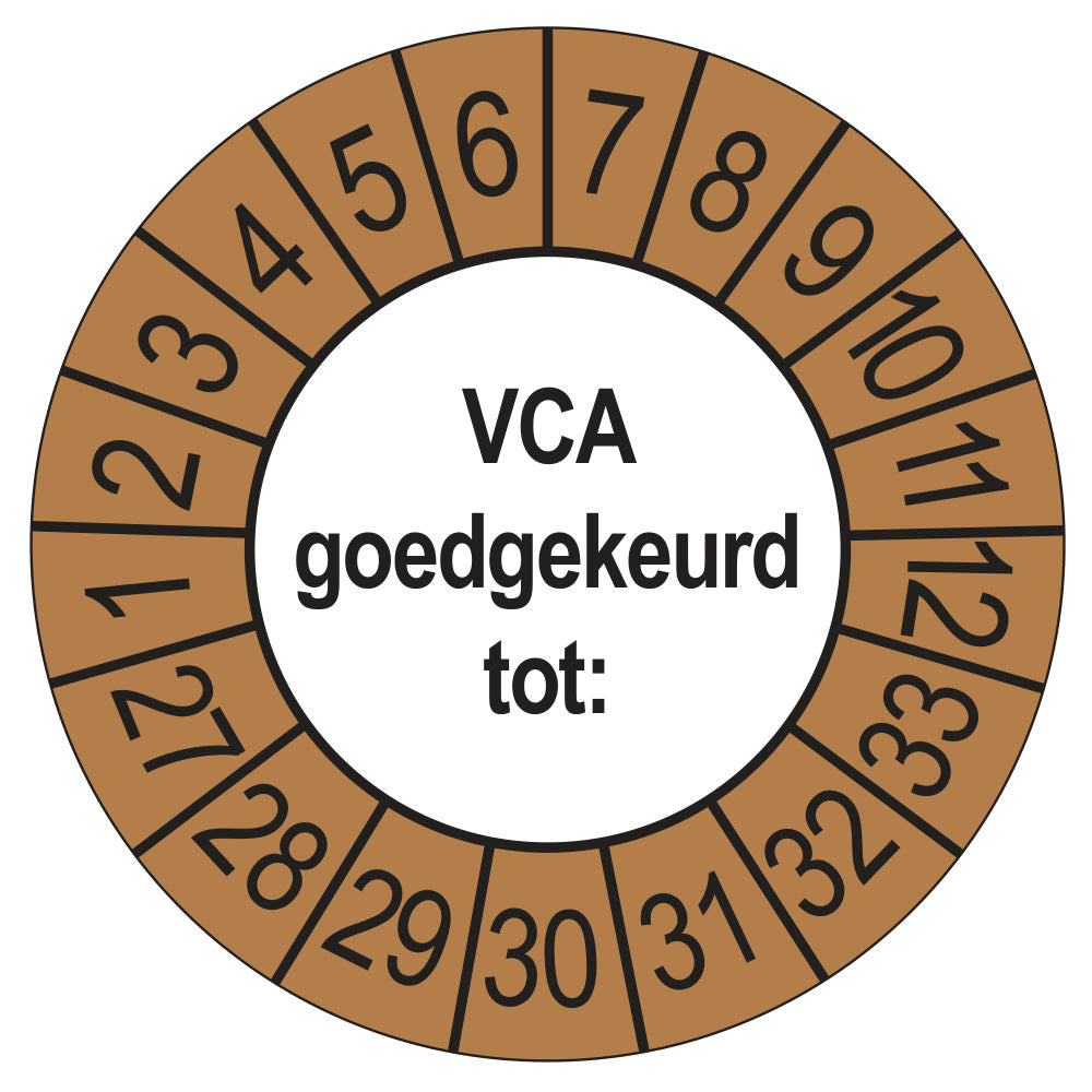 Keuringsstickers VCA 2027 | 50 stuks, Ø 35 mm | Buiten Bruin