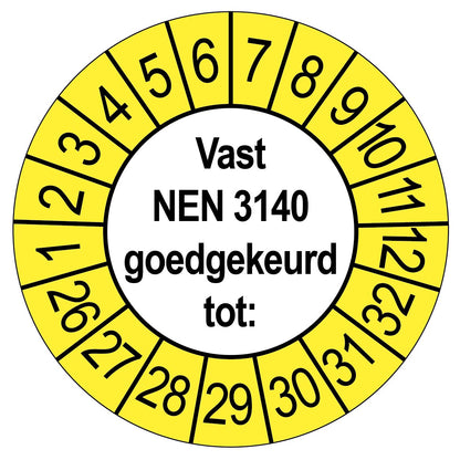 Keuringssticker Vast NEN 3140 goedgekeurd tot, rond 35 mm, wit met gele buitenrand