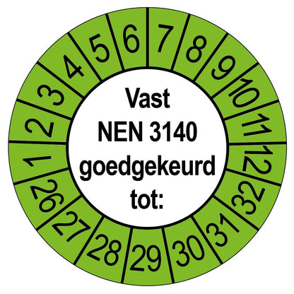 Keuringssticker Vast NEN 3140 goedgekeurd tot, rond 35 mm, wit met groene buitenrand