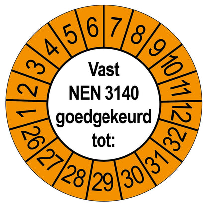 Keuringssticker Vast NEN 3140 goedgekeurd tot, rond 35 mm, wit met oranje buitenrand