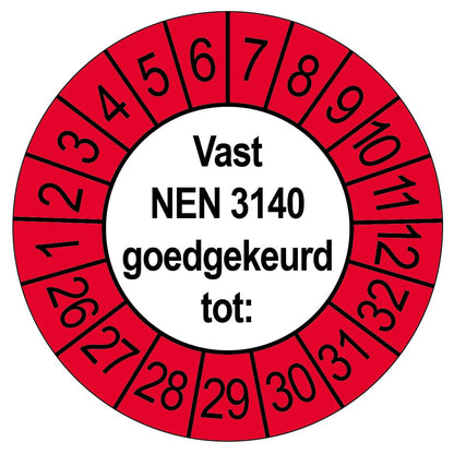 Keuringssticker Vast NEN 3140 goedgekeurd tot, rond 35 mm, wit met rode buitenrand
