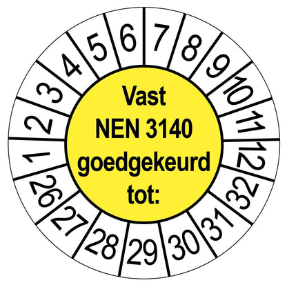Gele keuringssticker Vast NEN 3140 goedgekeurd tot, rond 35 mm, met maand- en jaarrand