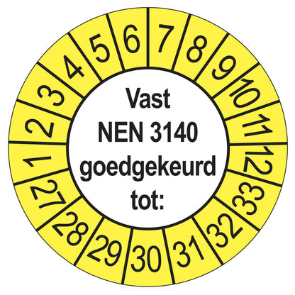 Vast NEN 3140 keuringssticker buiten geel 2027
