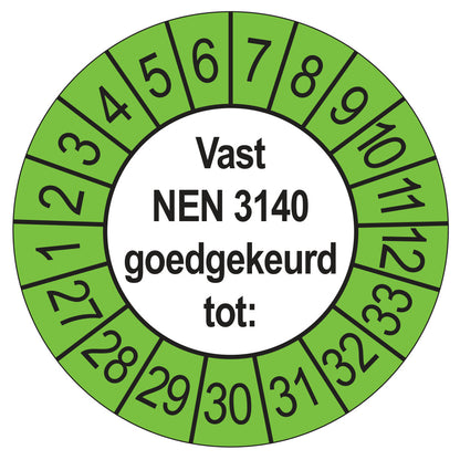 Vast NEN 3140 keuringssticker buiten groen 2027