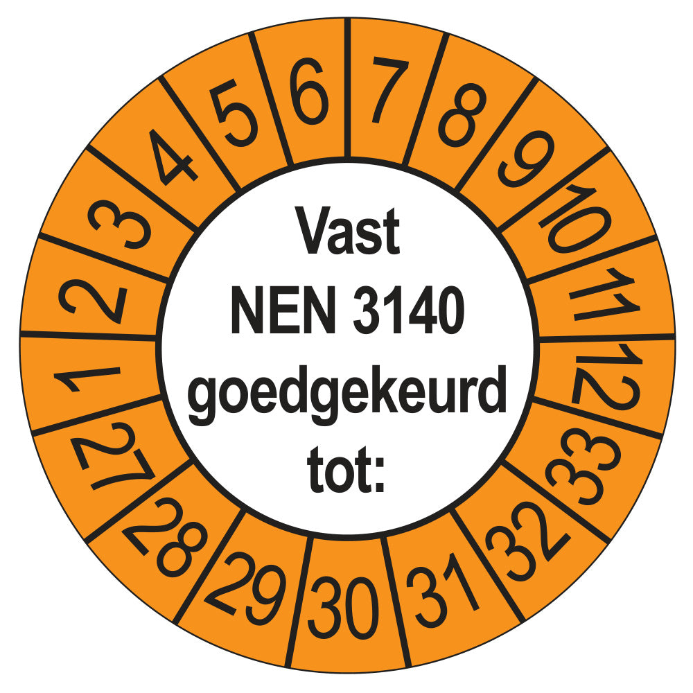 Vast NEN 3140 keuringssticker buiten oranje 2027