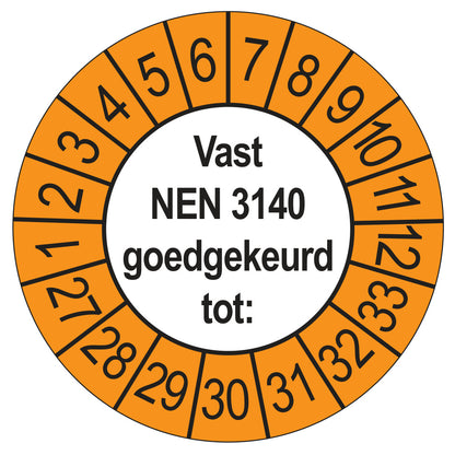 Vast NEN 3140 keuringssticker buiten oranje 2027