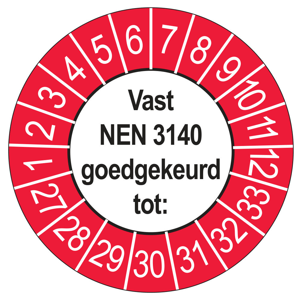 Vast NEN 3140 keuringssticker buiten rood 2027