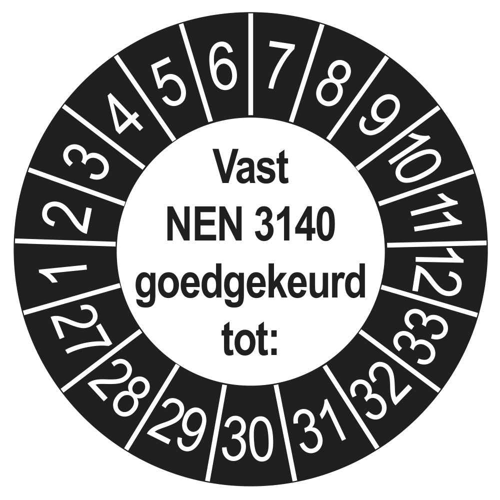 Vast NEN 3140 keuringssticker buiten zwart 2027