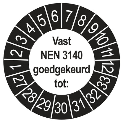 Vast NEN 3140 keuringssticker buiten zwart 2027