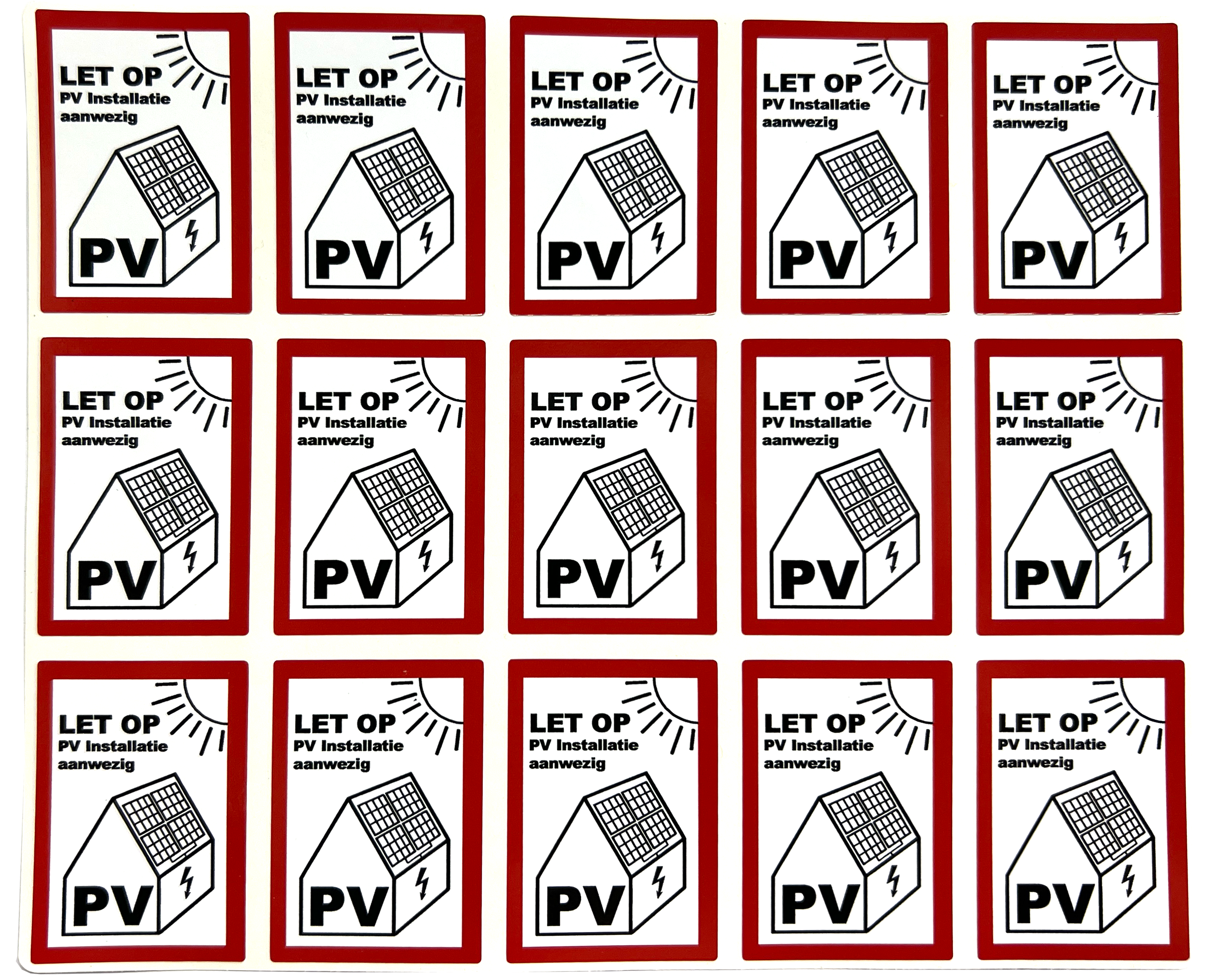 15 stuks 50x35 mm PV Sticker NEN1010 - LET OP: PV installatie aanwezig