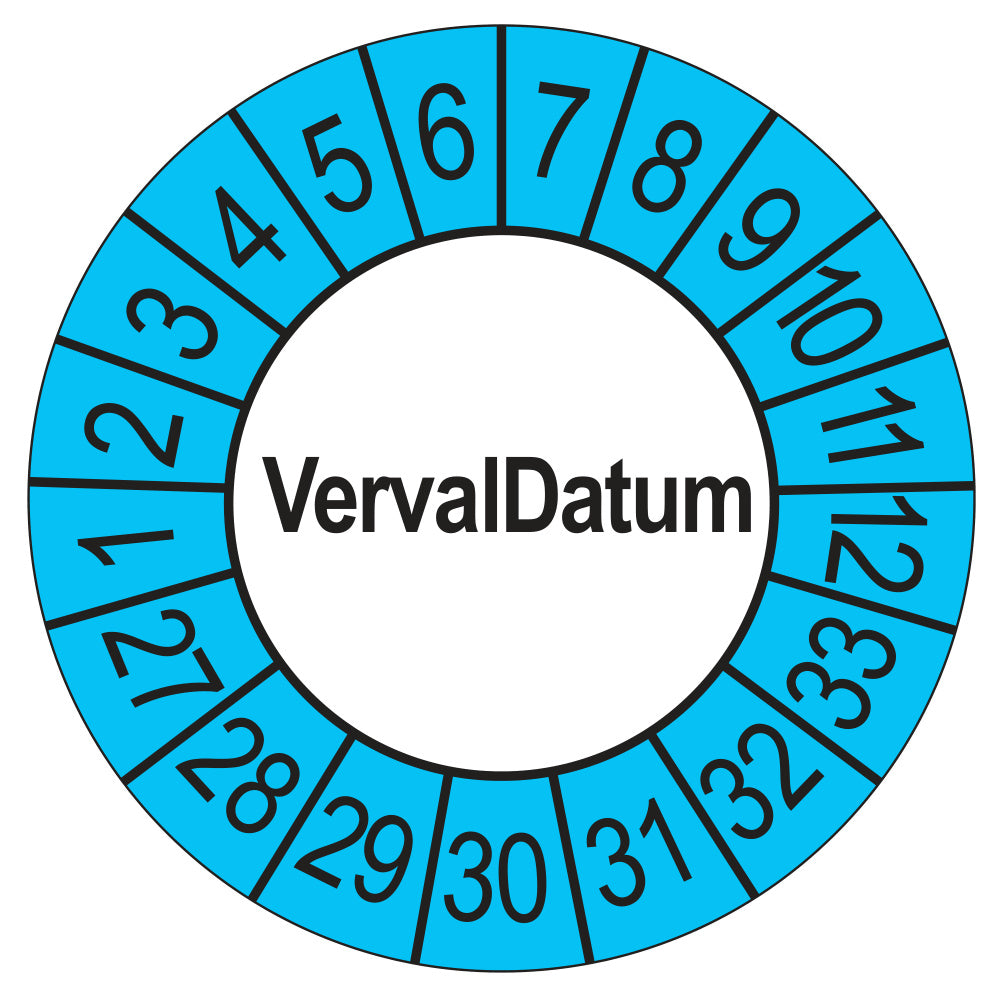 Keuringssticker vervaldatum buiten blauw, rond 35 mm, jaartallen 2027
