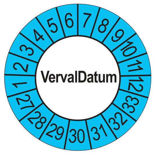 Keuringssticker vervaldatum buiten blauw, rond 35 mm, jaartallen 2027