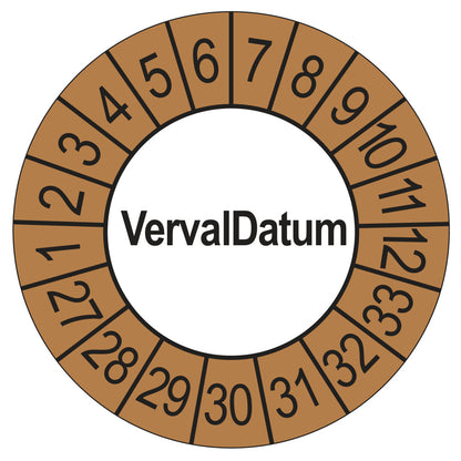 Keuringssticker vervaldatum buiten bruin, rond 35 mm, jaartallen 2027