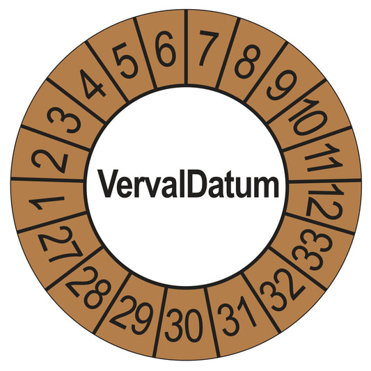 Keuringssticker vervaldatum buiten bruin, rond 35 mm, jaartallen 2027
