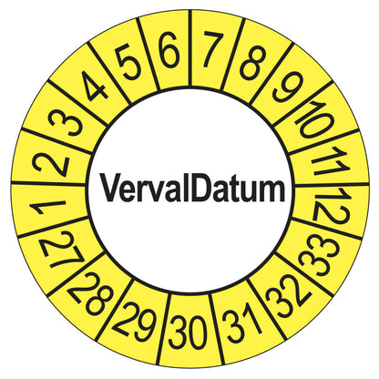 Keuringssticker vervaldatum buiten geel, rond 35 mm, jaartallen 2027