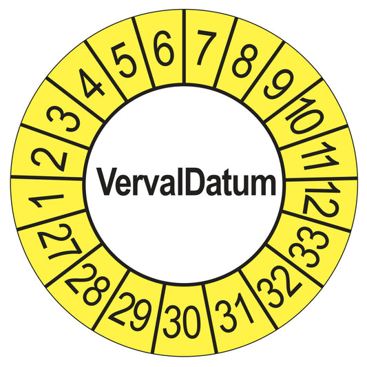 Keuringssticker vervaldatum buiten geel, rond 35 mm, jaartallen 2027