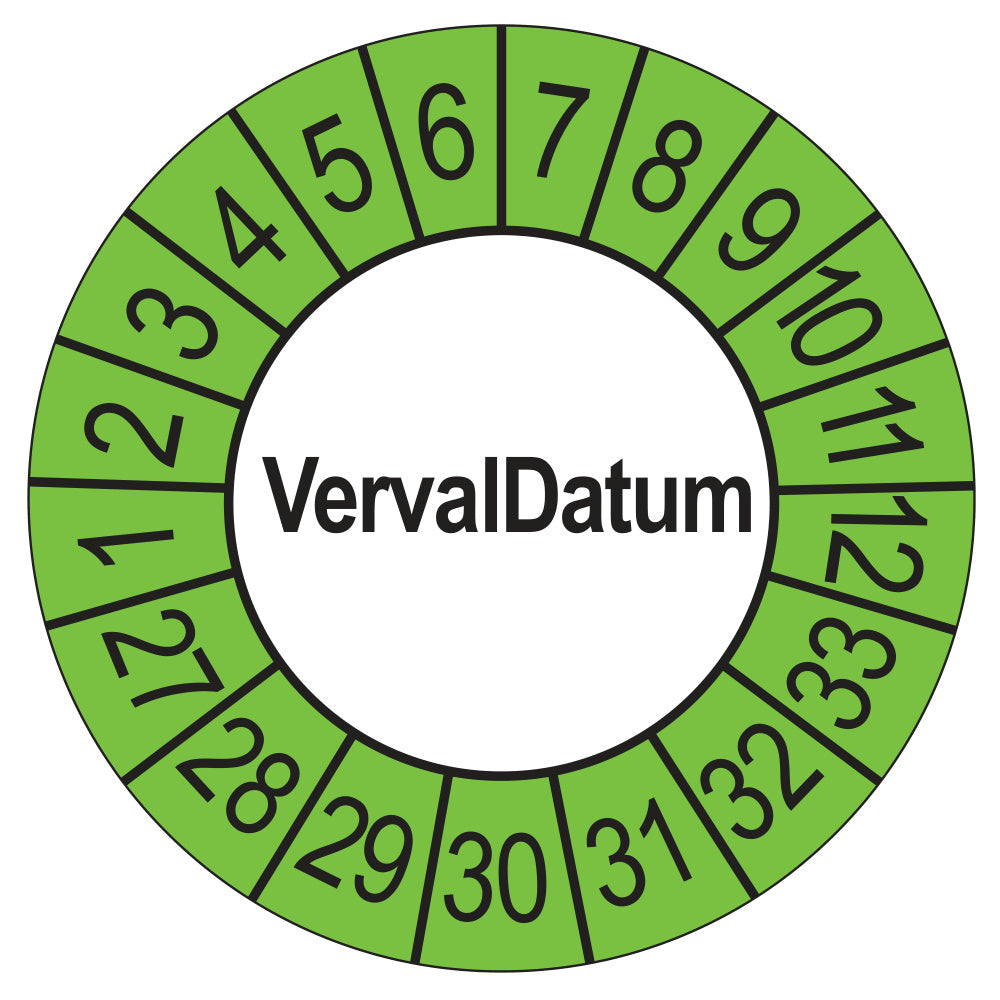 Keuringssticker vervaldatum buiten groen, rond 35 mm, jaartallen 2027