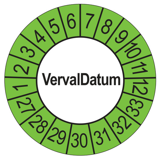 Keuringssticker vervaldatum buiten groen, rond 35 mm, jaartallen 2027