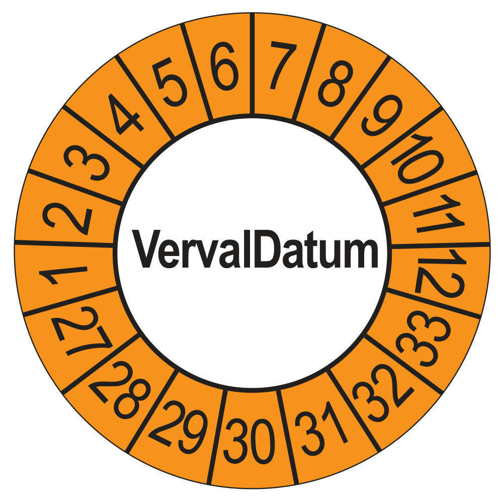 Keuringssticker vervaldatum buiten oranje, rond 35 mm, jaartallen 2027
