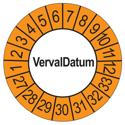 Keuringssticker vervaldatum buiten oranje, rond 35 mm, jaartallen 2027