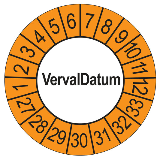 Keuringssticker vervaldatum buiten oranje, rond 35 mm, jaartallen 2027