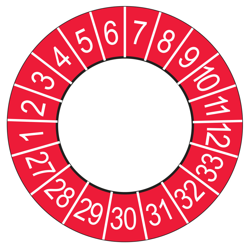 Keuringssticker Vervaldatum 2027, buiten rood, Ø 35 mm
