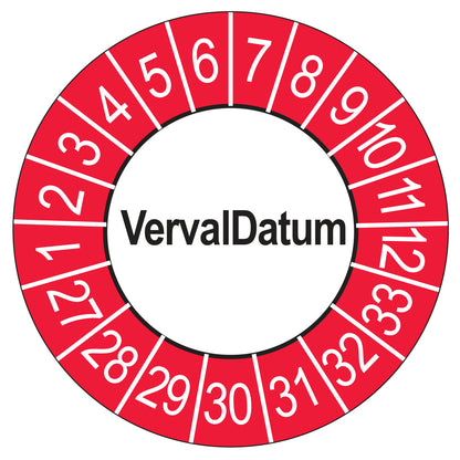 Keuringssticker vervaldatum buiten rood, rond 35 mm, jaartallen 2027