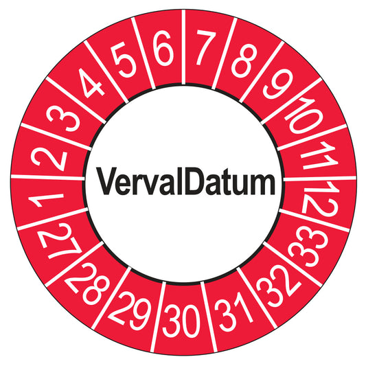 Keuringssticker vervaldatum buiten rood, rond 35 mm, jaartallen 2027