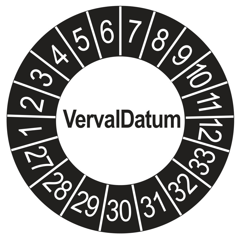 Keuringssticker vervaldatum buiten zwart, rond 35 mm, jaartallen 2027