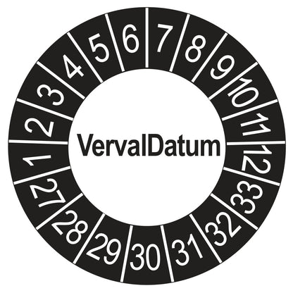 Keuringssticker vervaldatum buiten zwart, rond 35 mm, jaartallen 2027