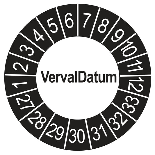 Keuringssticker vervaldatum buiten zwart, rond 35 mm, jaartallen 2027