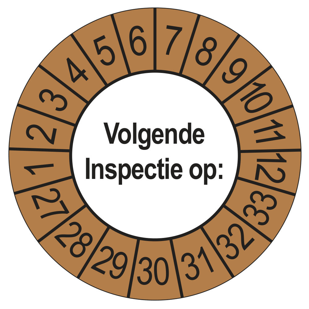 Keuringssticker Volgende Inspectie 2027, buiten bruin, Ø 35 mm