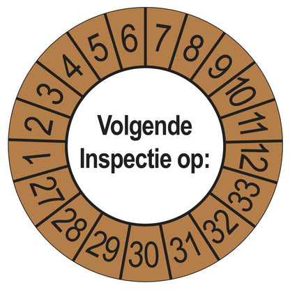Keuringssticker Volgende Inspectie 2027, buiten bruin, Ø 35 mm