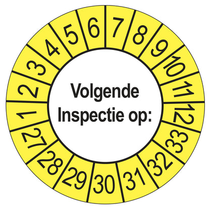 Keuringssticker Volgende Inspectie 2027, buiten geel, Ø 35 mm
