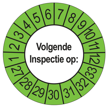Keuringssticker Volgende Inspectie 2027, buiten groen, Ø 35 mm