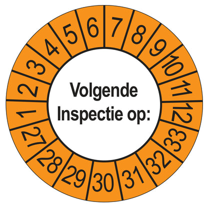 Keuringssticker Volgende Inspectie 2027, buiten oranje, Ø 35 mm