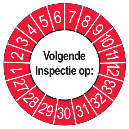 Keuringssticker Volgende Inspectie 2027, buiten rood, Ø 35 mm