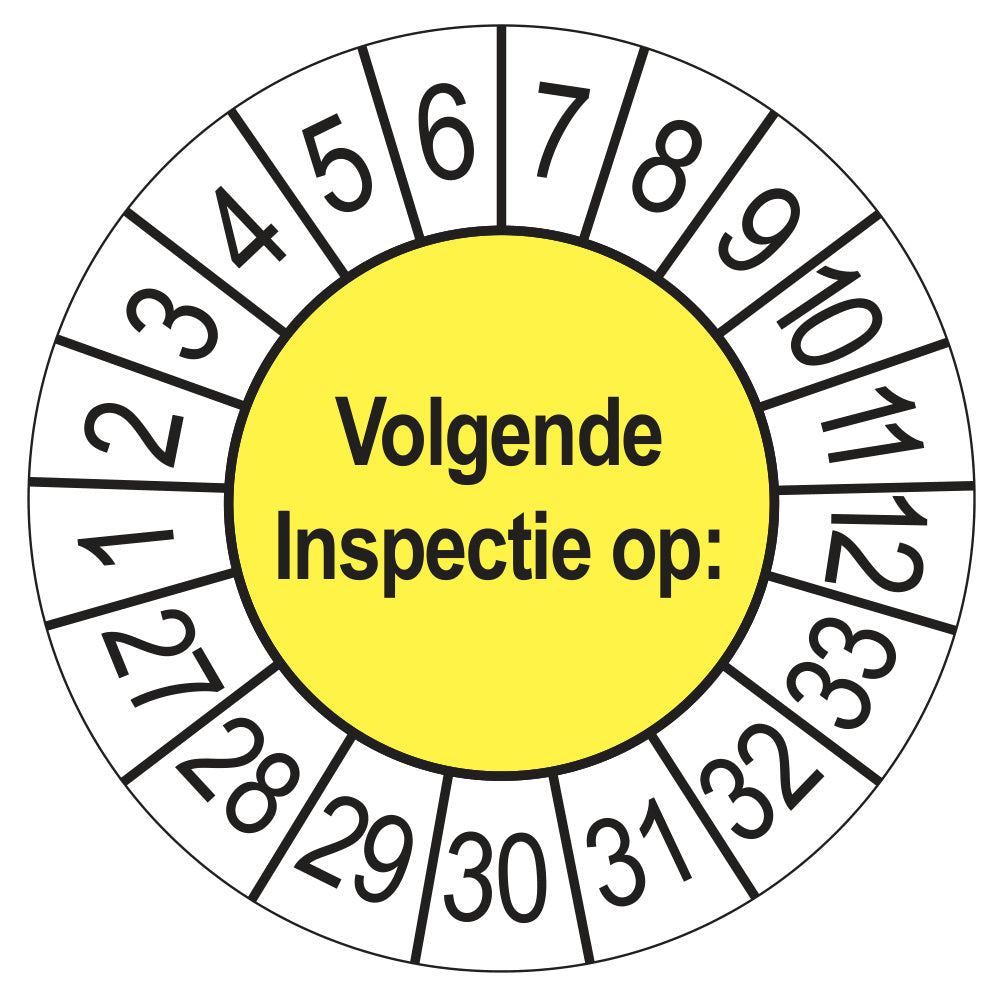 Keuringssticker Volgende Inspectie 2027, geel, Ø 35 mm