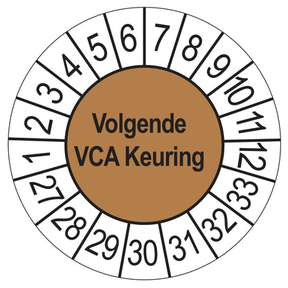 Keuringsstickers Volgende VCA Keuring 2027 | 50 stuks, Ø 35 mm | Bruin