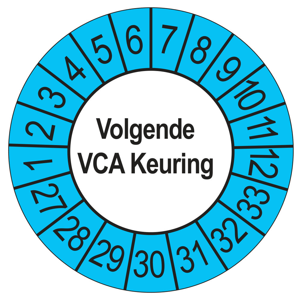 Keuringsstickers Volgende VCA Keuring 2027 | 50 stuks, Ø 35 mm | Buiten Blauw
