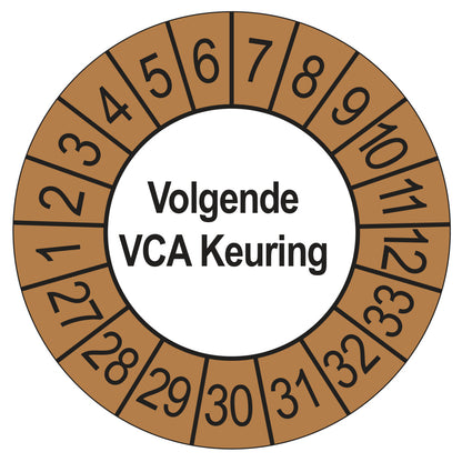 Keuringsstickers Volgende VCA Keuring 2027 | 50 stuks, Ø 35 mm | Buiten Bruin