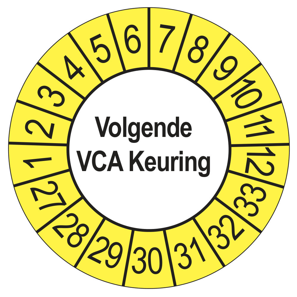 Keuringsstickers Volgende VCA Keuring 2027 | 50 stuks, Ø 35 mm | Buiten Geel