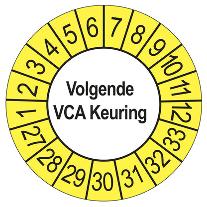 Keuringsstickers Volgende VCA Keuring 2027 | 50 stuks, Ø 35 mm | Buiten Geel