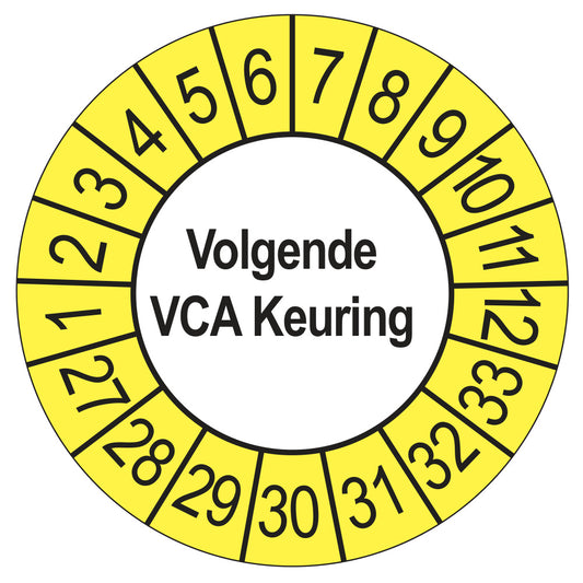 Keuringsstickers Volgende VCA Keuring 2027 | 50 stuks, Ø 35 mm | Buiten Geel