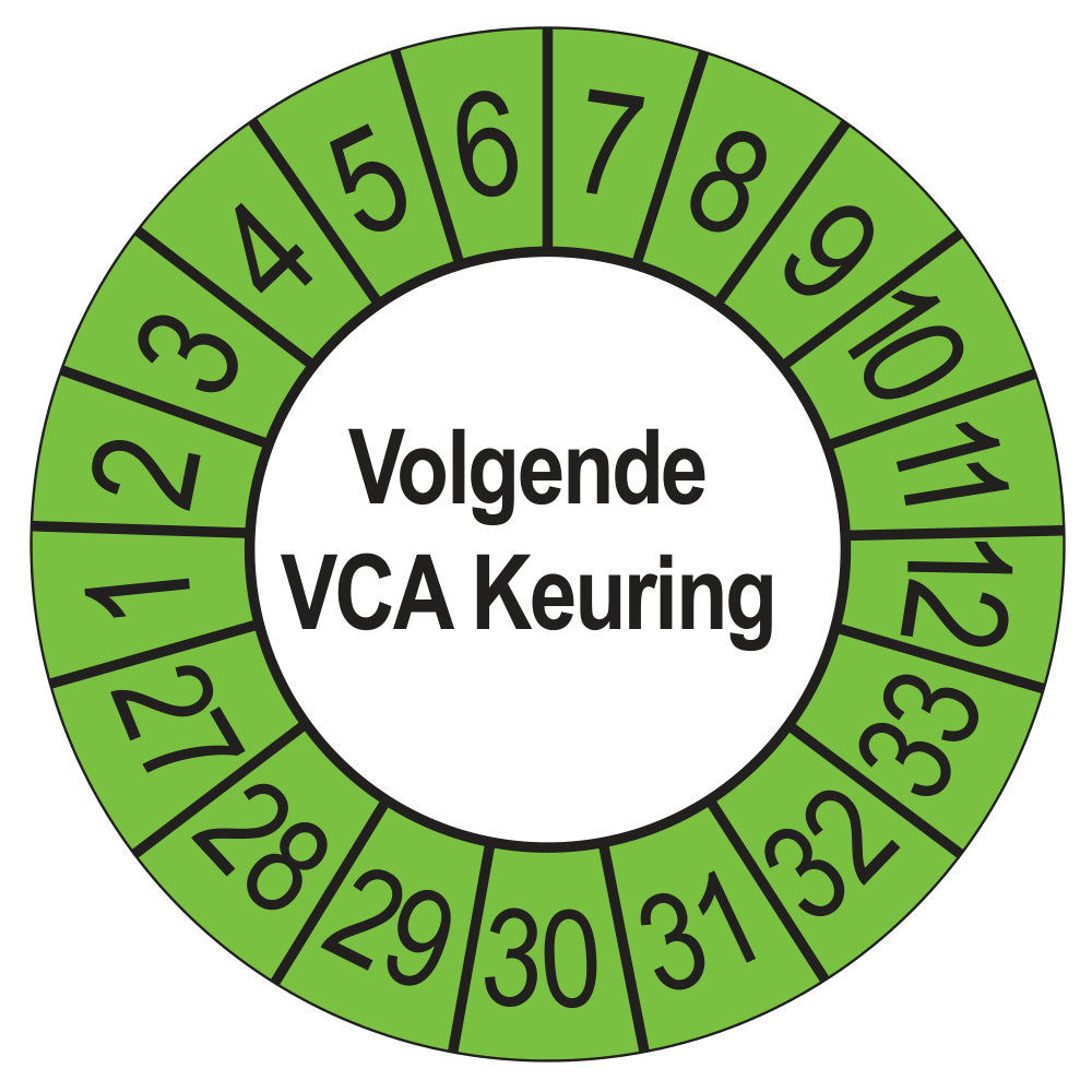 Keuringsstickers Volgende VCA Keuring 2027 | 50 stuks, Ø 35 mm | Buiten Groen