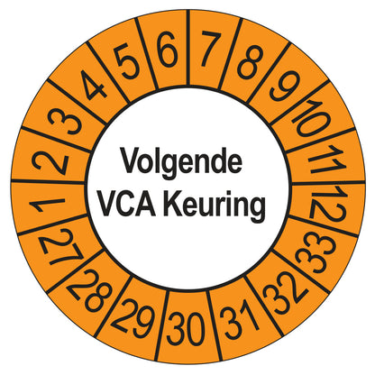 Keuringsstickers Volgende VCA Keuring 2027 | 50 stuks, Ø 35 mm | Buiten Oranje