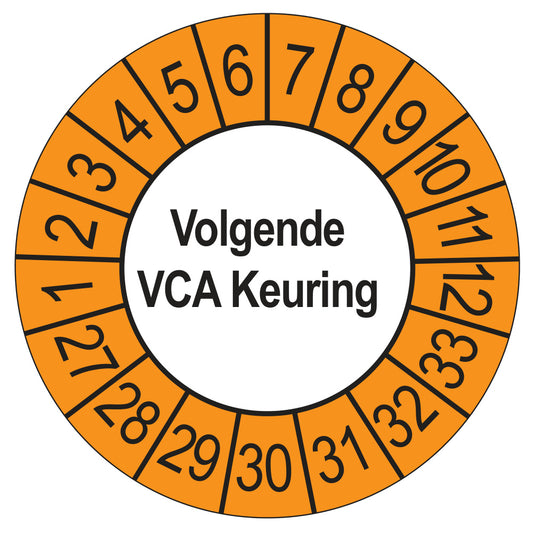 Keuringsstickers Volgende VCA Keuring 2027 | 50 stuks, Ø 35 mm | Buiten Oranje