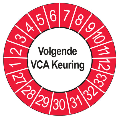Keuringsstickers Volgende VCA Keuring 2027 | 50 stuks, Ø 35 mm | Buiten Rood
